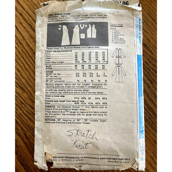 Vintage 1960s Butterick 3898 Sewing Pattern Size XL 18 A Line Dress COMPLETE - Picture 2 of 2